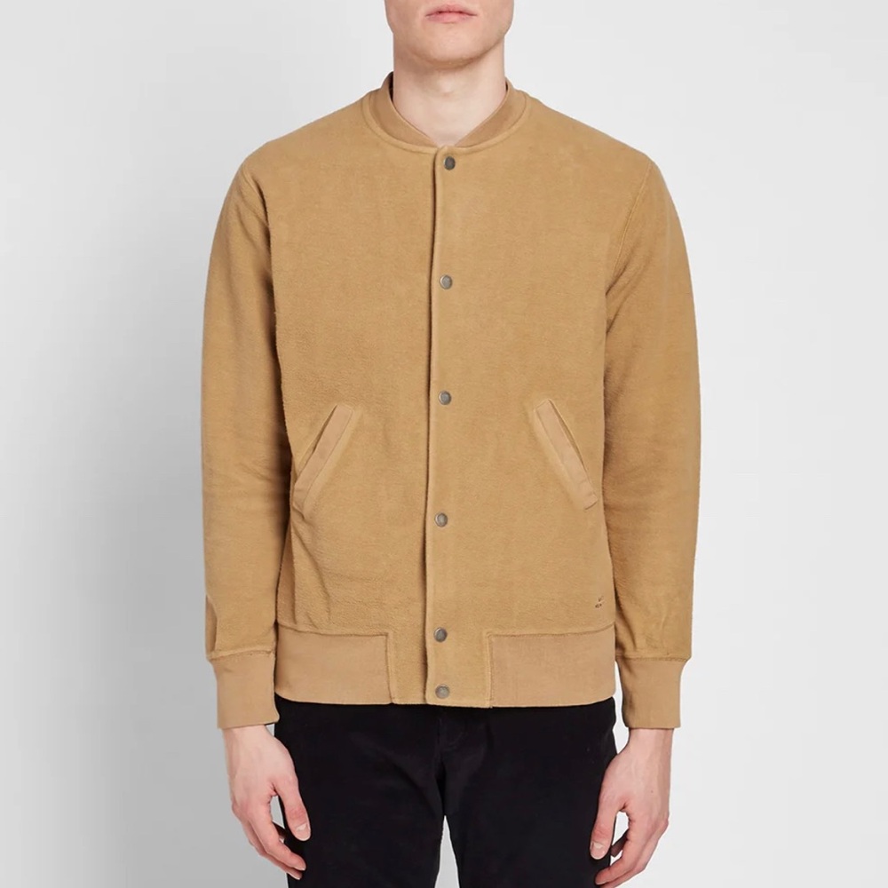 SATURDAYS NYC WRAY VARSITY SWEAT JACKET in Camel, Size XL